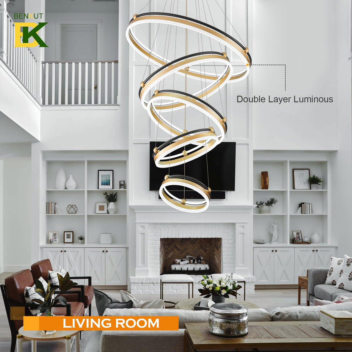 10-Rings Modern LED Chandelier Black Gold Large Dimmable Remote Chandeliers Lighting for Foyer,