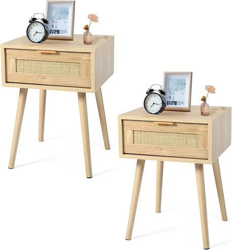 Set of 2 Nightstands Wooden Night Stands with Rattan Drawers Home Bedside End Table