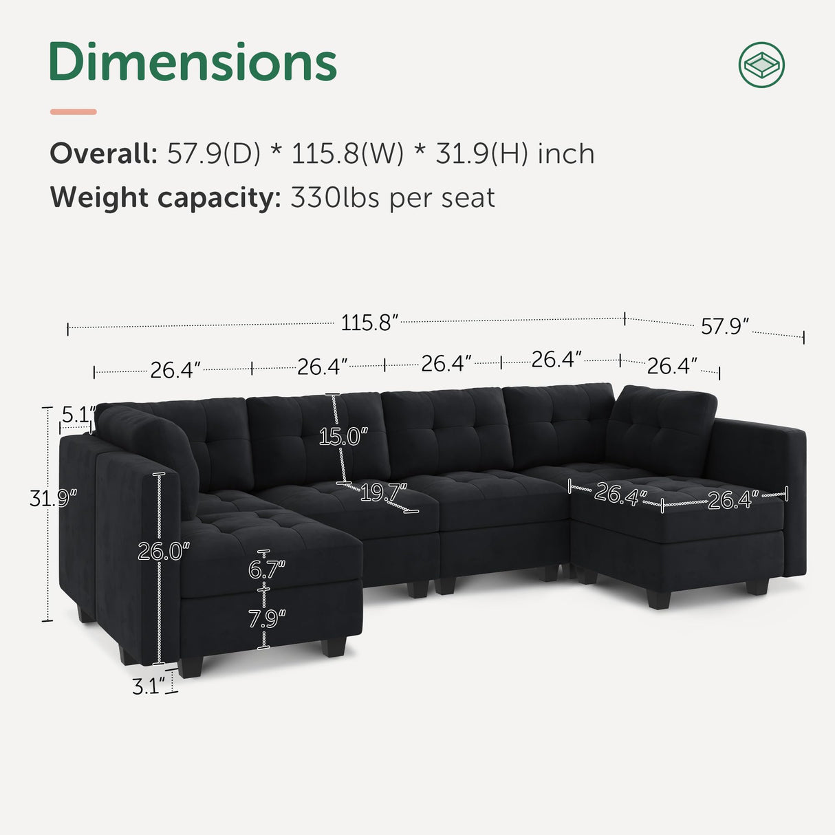 Modular Sectional Sofa Velvet U Shaped Couch with Double Chaises 6 Seater Sectional Sofa with Storage, Black