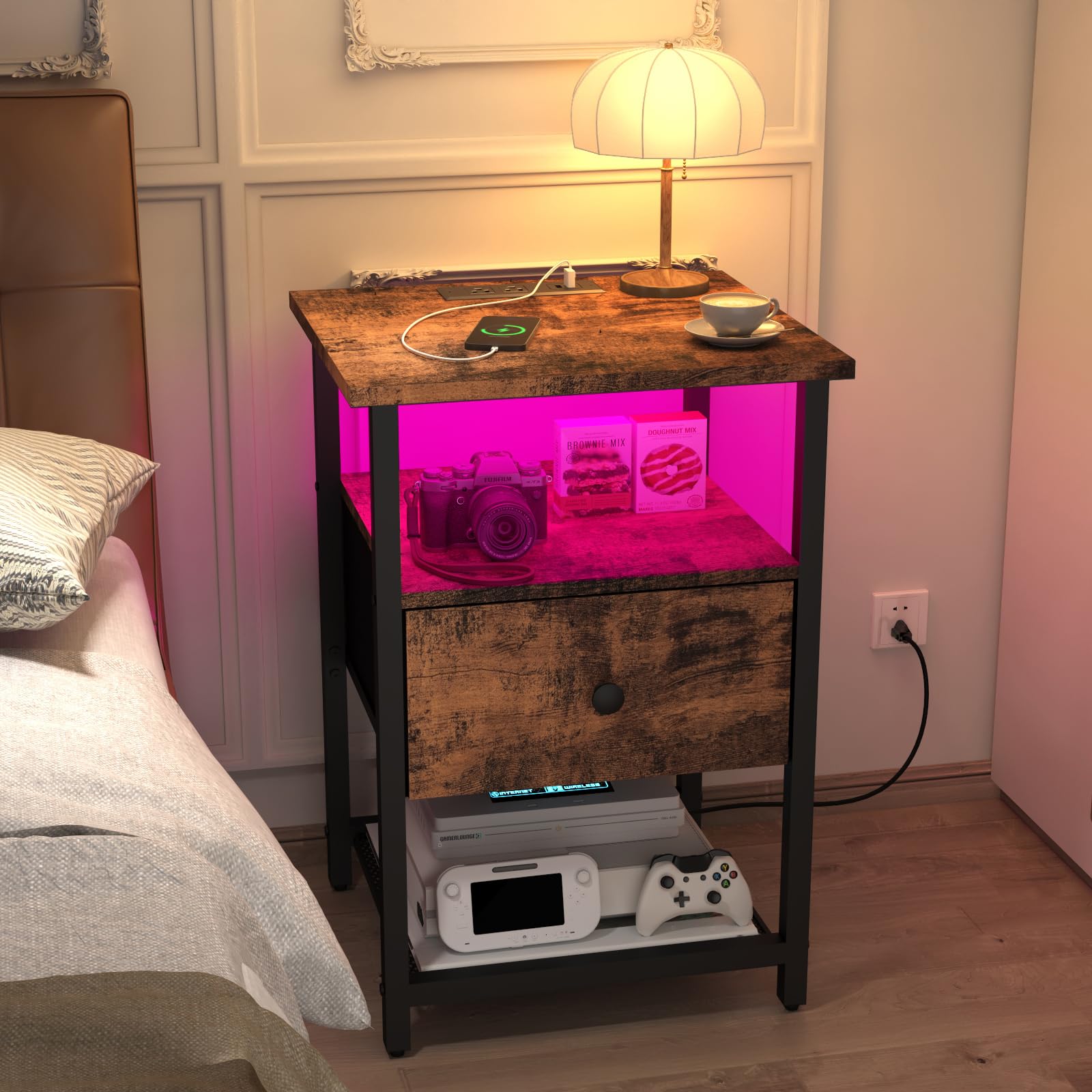 Nightstands Set of 2 with Charging Station, Bedside Tables