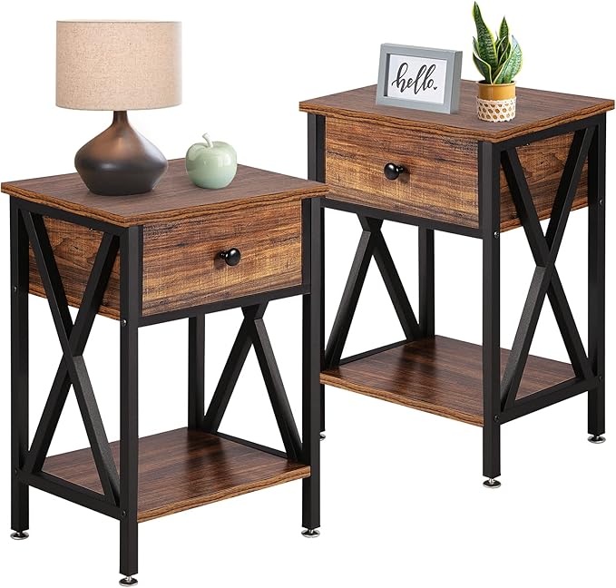 Nightstands Set of 2, Modern Bedside End Tables, Night Stands with Drawer and Storage Shelf for Living Room Bedroom, Industrial Metal Frame