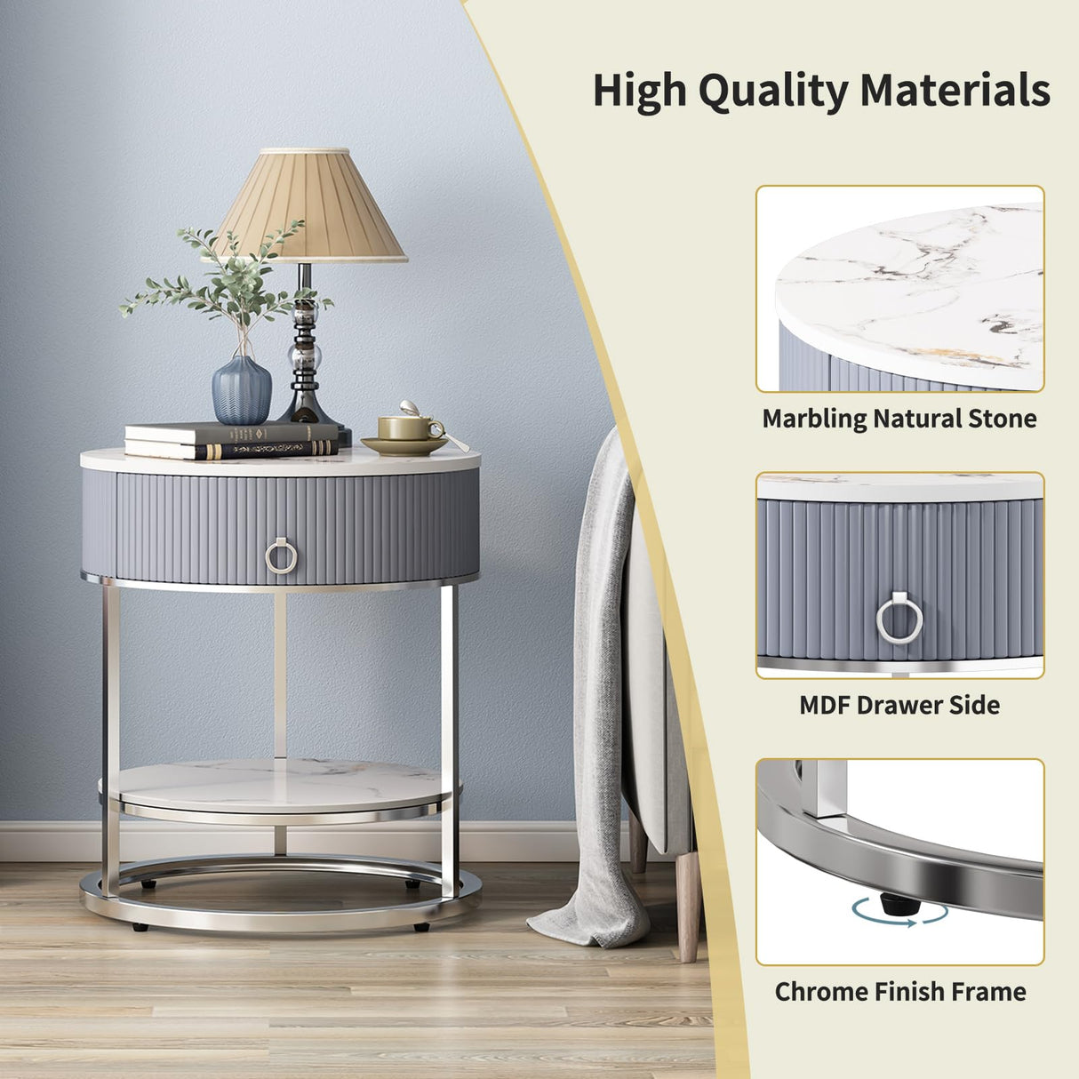 Modern End Table with Drawer, 2 Tier Side Table with Shelf, Round Nightstand