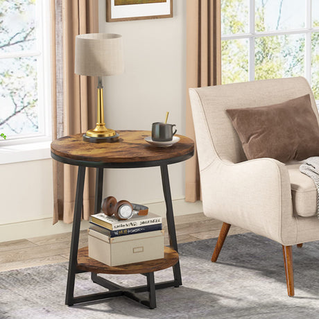 End Table, 2 Tier Round Side Table Accent Table for Living Room, Rustic Brown