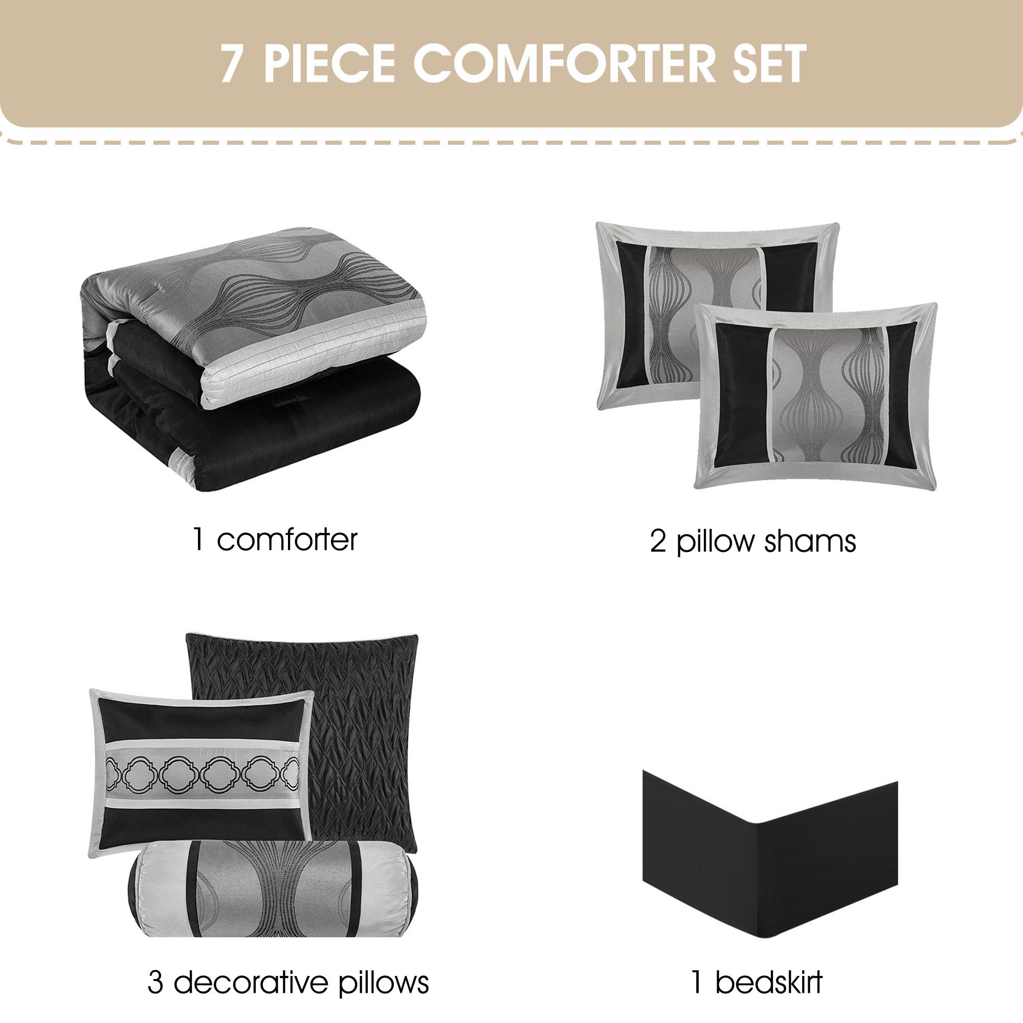Black and Silver Striped Comforter Set - King Size 7 Piece