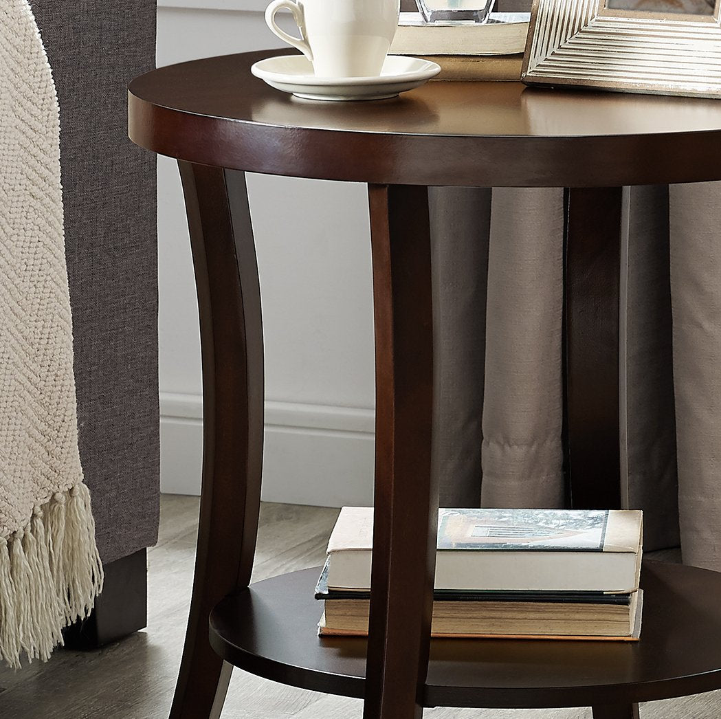 Perth Contemporary Round End Table with Shelf, Espresso