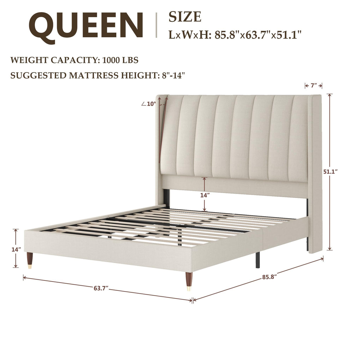 Queen Platform Bed Frame, Upholstered Bed Frame Queen with Vertical Channel Tall