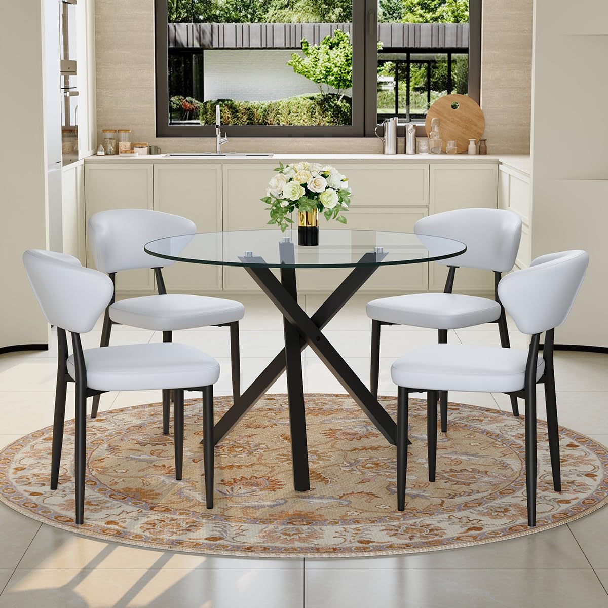 39" Round Glass Dining Table Set for 4 - Modern 5-Piece Kitchen Set