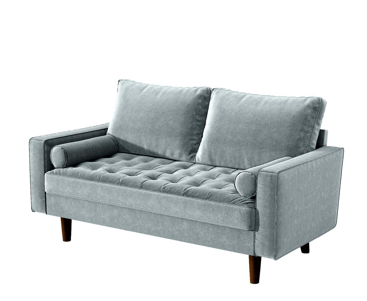 Womble 58 Inch Velvet Loveseat Sofa with Elegant Button Tufted Upholstery, Square Arms, Splayed Wood Legs, Includes Matching Bolster Pillows, Steel Blue