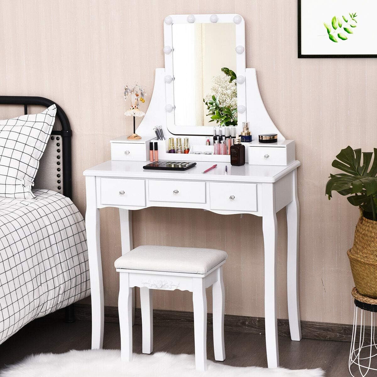 DORTALA Vanity Table Set w/Lighted Mirror, Morden Vanity Dressing Table w/ 10 Dimmable Light Bulbs & 5 Drawer, 2 Dividers Removable Organizer, Bedroom Makeup Table Set w/Cushioned Stool, White