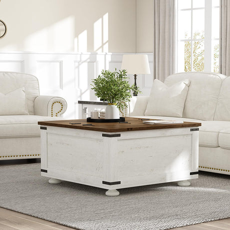 Farmhouse Coffee Table with Hydraulic Gas Rod, White Square Coffee Table