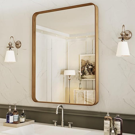 24X32 Inch Brushed Nickel Bathroom Mirror, Rounded Rectangle Silver Metal Frame Mirror,