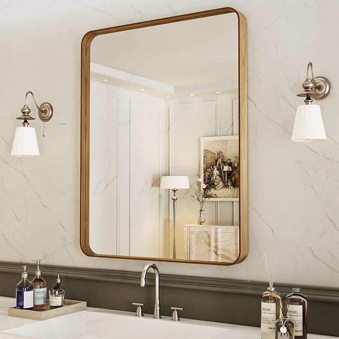 Bathroom Mirror, Rounded Rectangle Silver Metal Frame Mirror