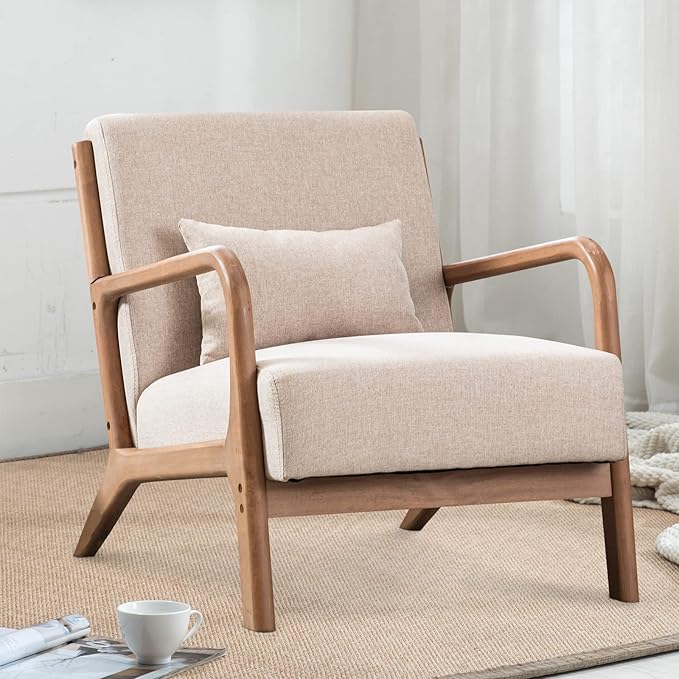 Mid Century Modern Accent Chair with Wood Frame, Upholstered Living Room Chairs
