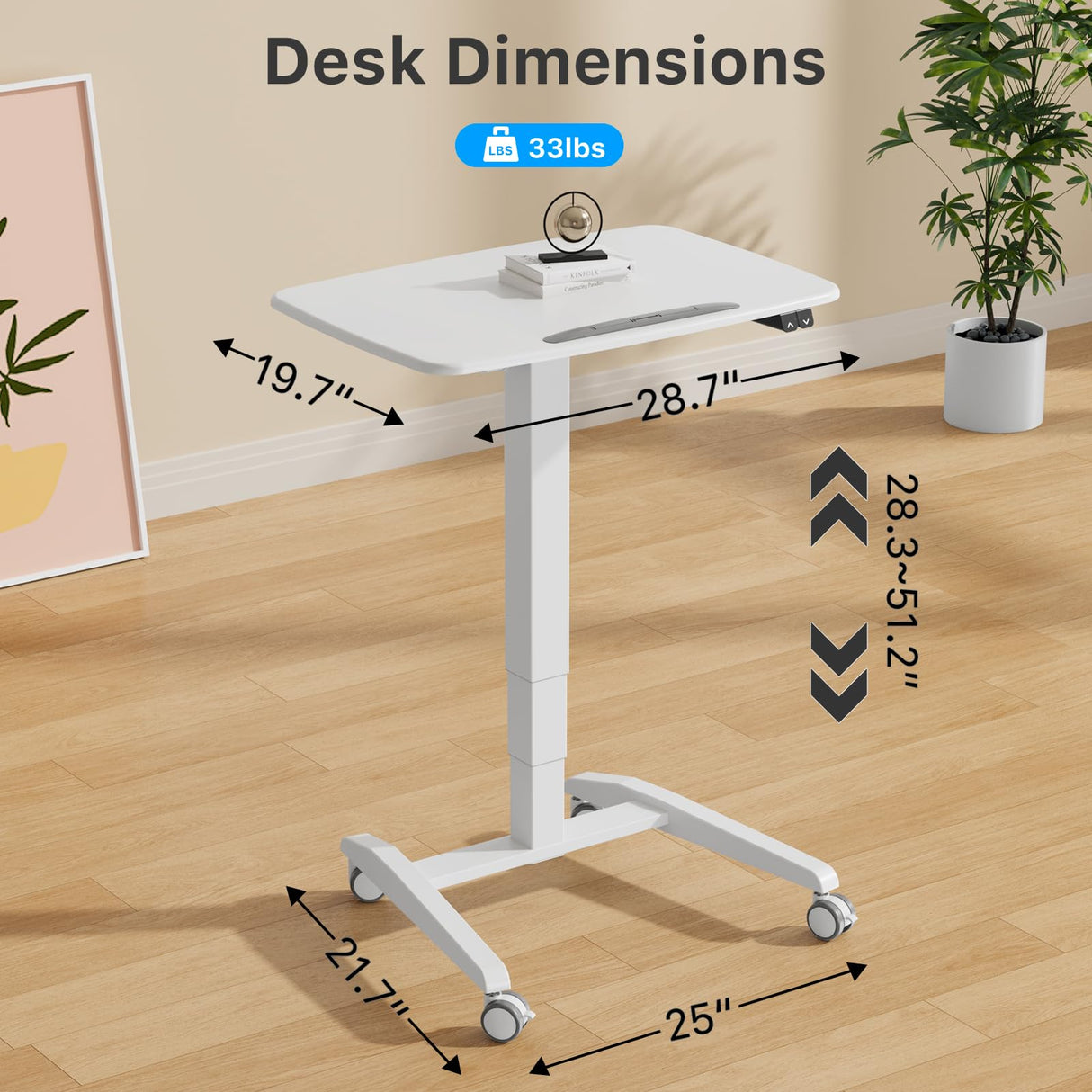 JYLH JOYSEEKER Electric Mobile Standing Desk, 28.3" to 51.2" Height Adjustment Rolling Sit Stand Desk with 90° Tiltable Desktop and 4 Lockable Wheels, Portable Laptop Desk for The Extra Tall/Kid