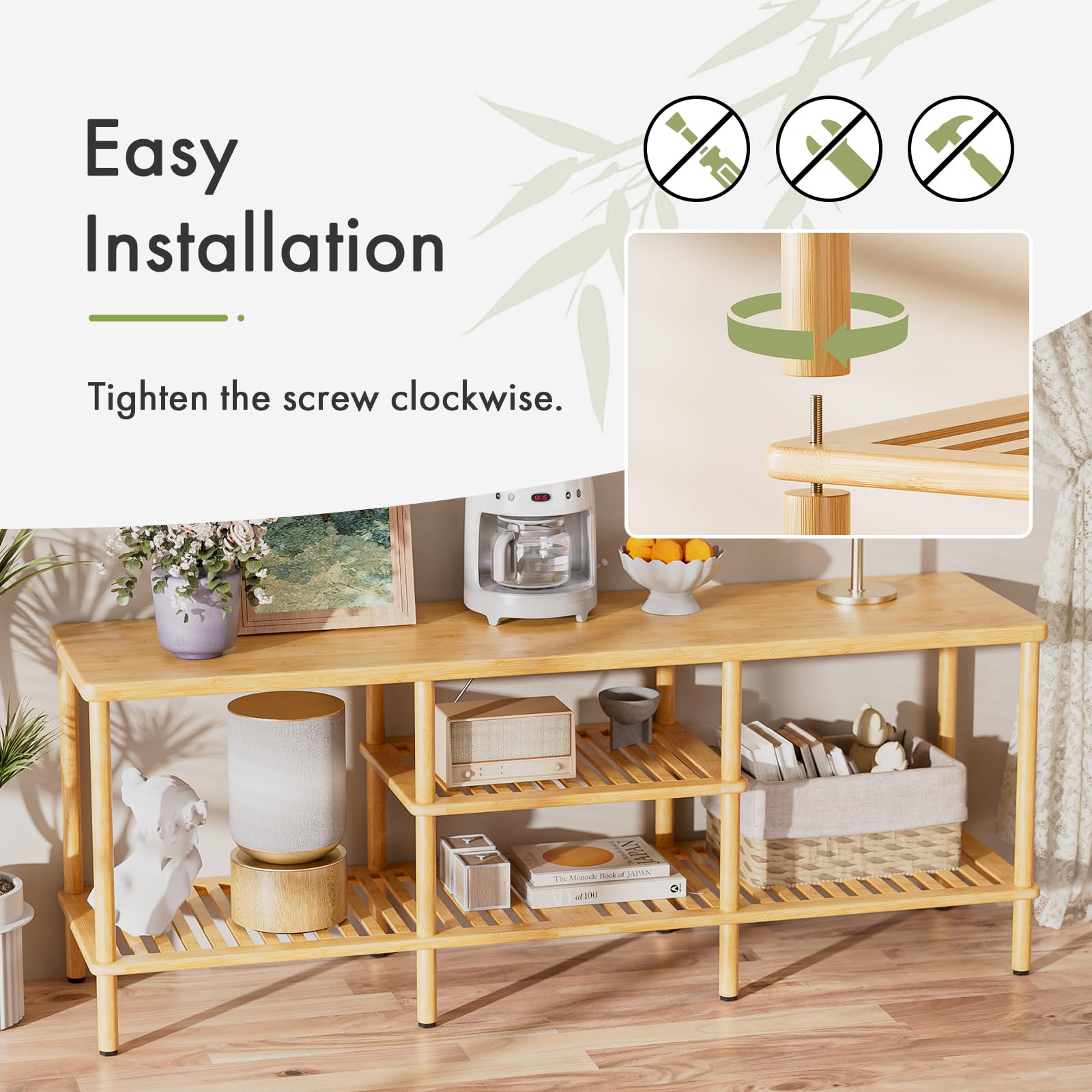 Bamboo TV Stand for 60-65 Inch TVs with 3-Tier Storage