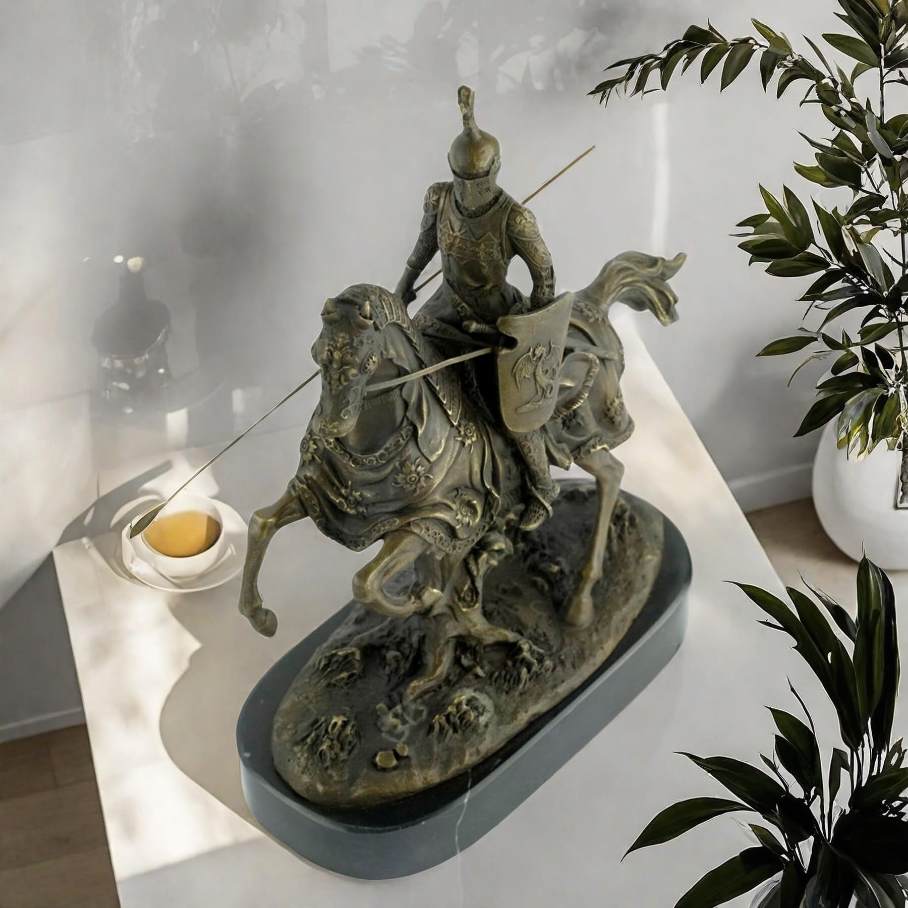 Bronze Sculpture of a Knight on a Horse,H:11.8-inch Armored Knight