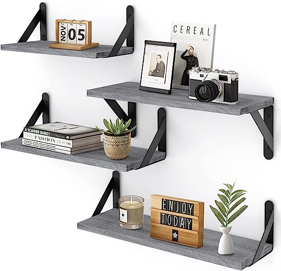 Floating Shelves, Set of 4, Gray Wood Wall Mounted Shelf for Living Room, Bathroom