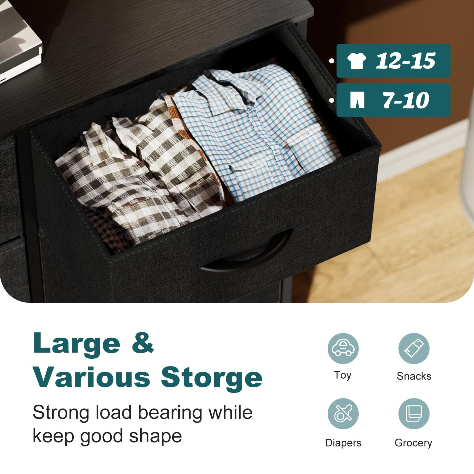 Dresser for Bedroom, Tall Dresser with 8 Drawers, Storage Tower with Fabric Bins