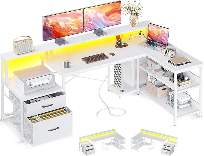 L Shaped Standing Desk with LED Light and Power Outlet, Dual Motor Height Adjustable