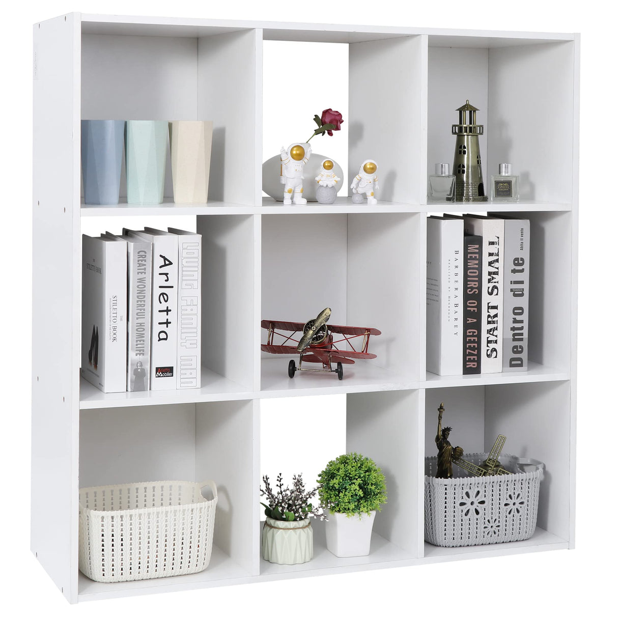 9 Cube Storage Organizer Wooden Display Shelf W/ 5 Removable Back Panels, Customizable Bookcase Bookshelf for Home, Office, Bedroom and Living Room (White)