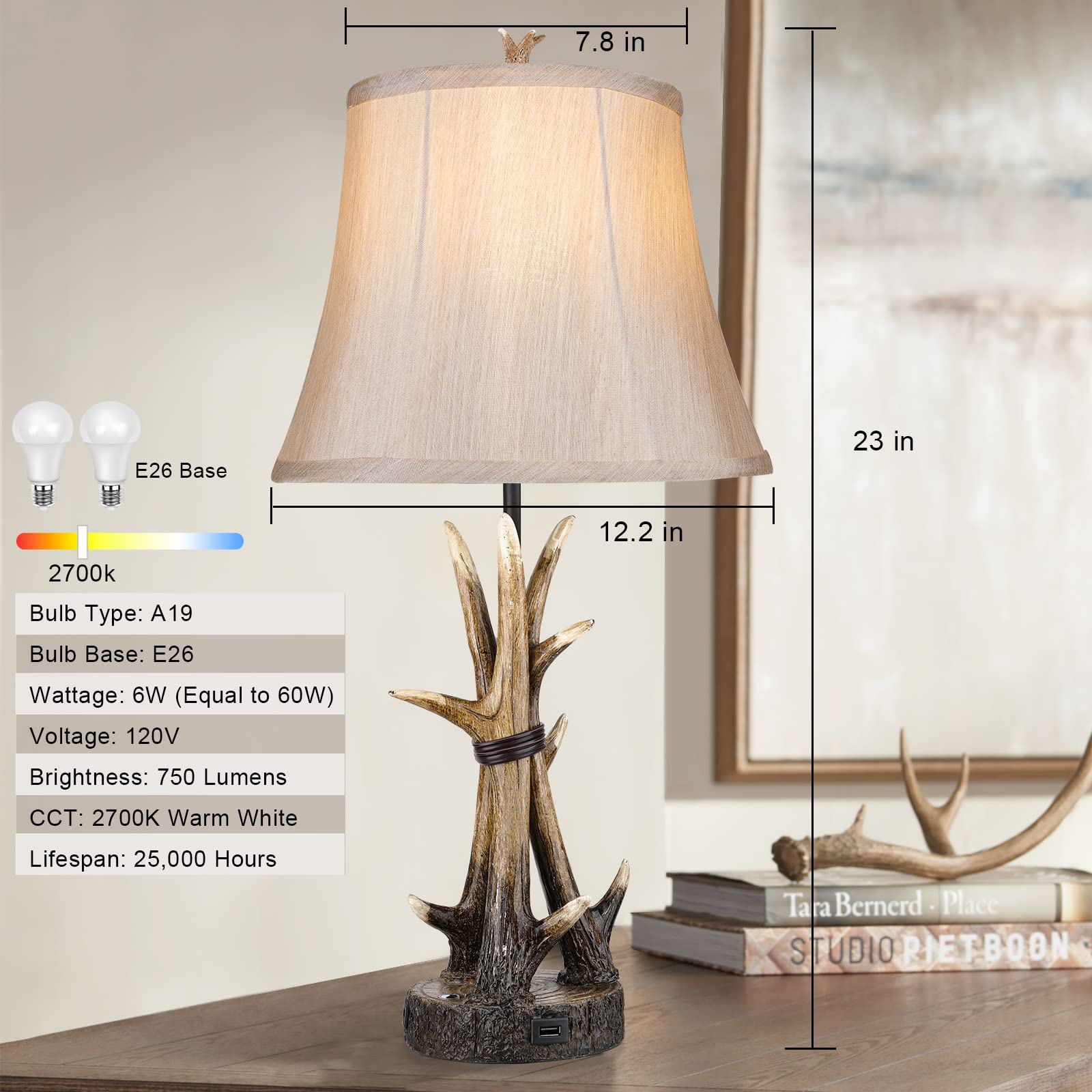 Rustic Antler Table Lamps Set of 2 with USB Charging Ports