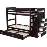 Benjara Classic Wood Twin Bunk Bed with Trundle, Storage Ladder, 5 Drawers, Brown