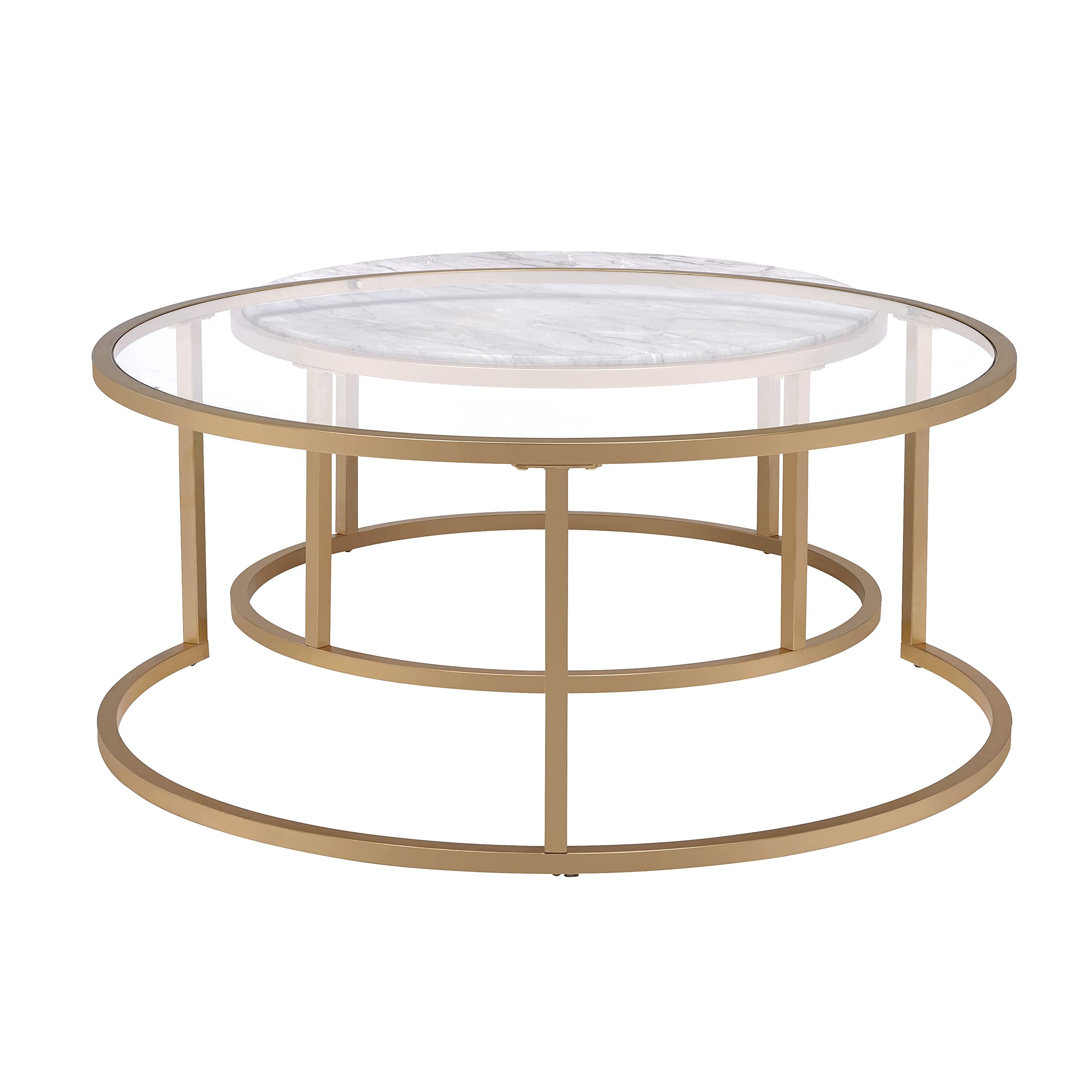 HABITRIO Coffee Table Set, 2 Pc Metal Tube Frame with Glass Top and Faux Marble Top Nesting Sofa Side Table, Fit for Living Room, Office