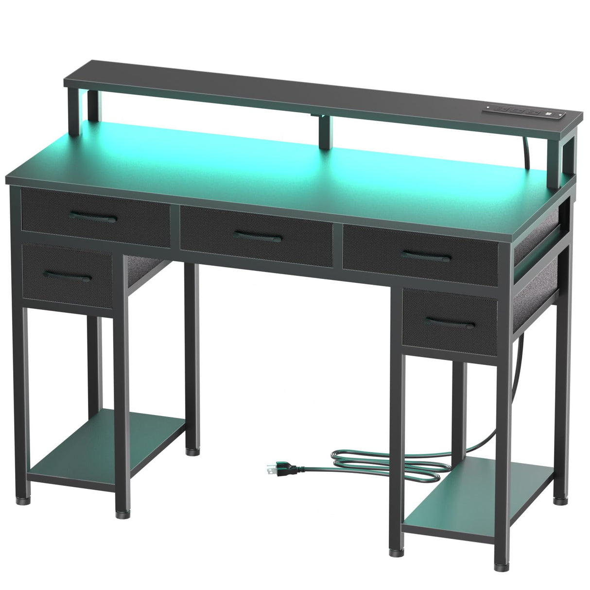 Black Computer Desk with Drawers, Gaming Desk with LED Light & Power Outlet, 47" Home Office Desk with Large Storage & Monitor Stand for Small Space