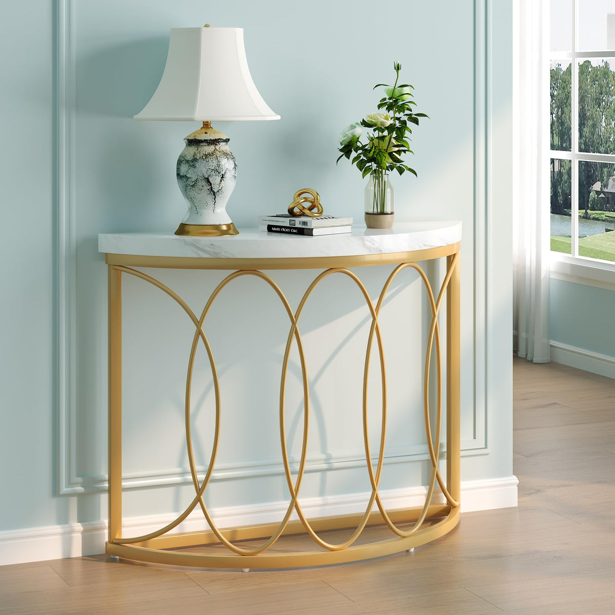 Half Moon Gold Console Table, 43 Inch Modern Faux Marble Entryway Table,