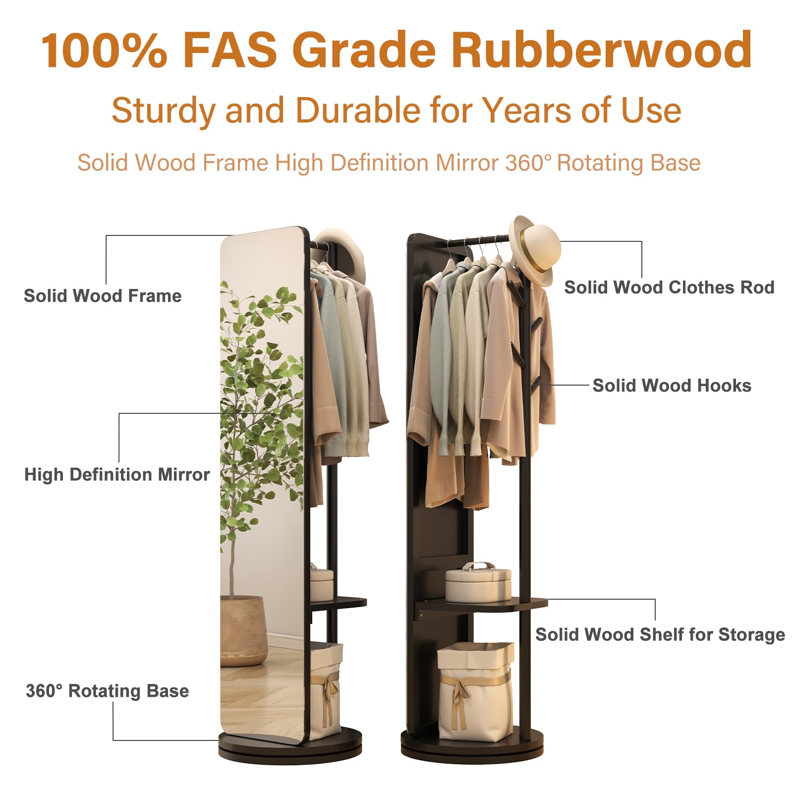 70x19 Full Length Floor Mirror with Stand - Solid Wood Swivel Mirror