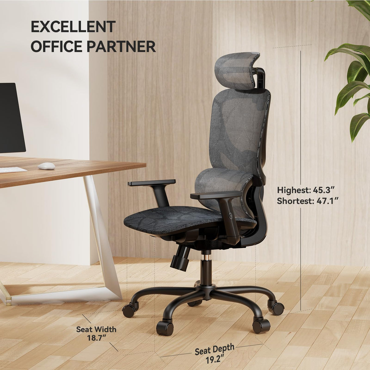 NOBLEWELL Ergonomic Mesh Office Chair with Flexible Adjustment Lumbar Support, High Back Desk Computer Chair with 2D Wide Headrest, Armrests, 130° Rocking Tilt, Home Office Chair for Long Hours, Grey