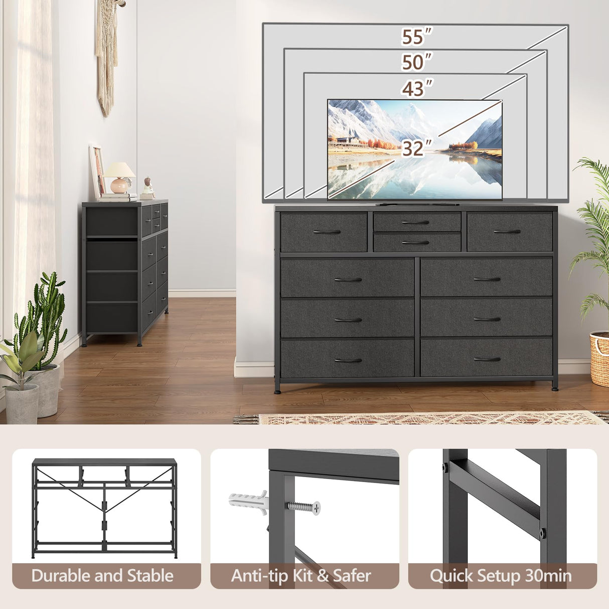 Dresser for Bedroom TV Stand for 55” TV, Entertainment Center with 10 Drawers