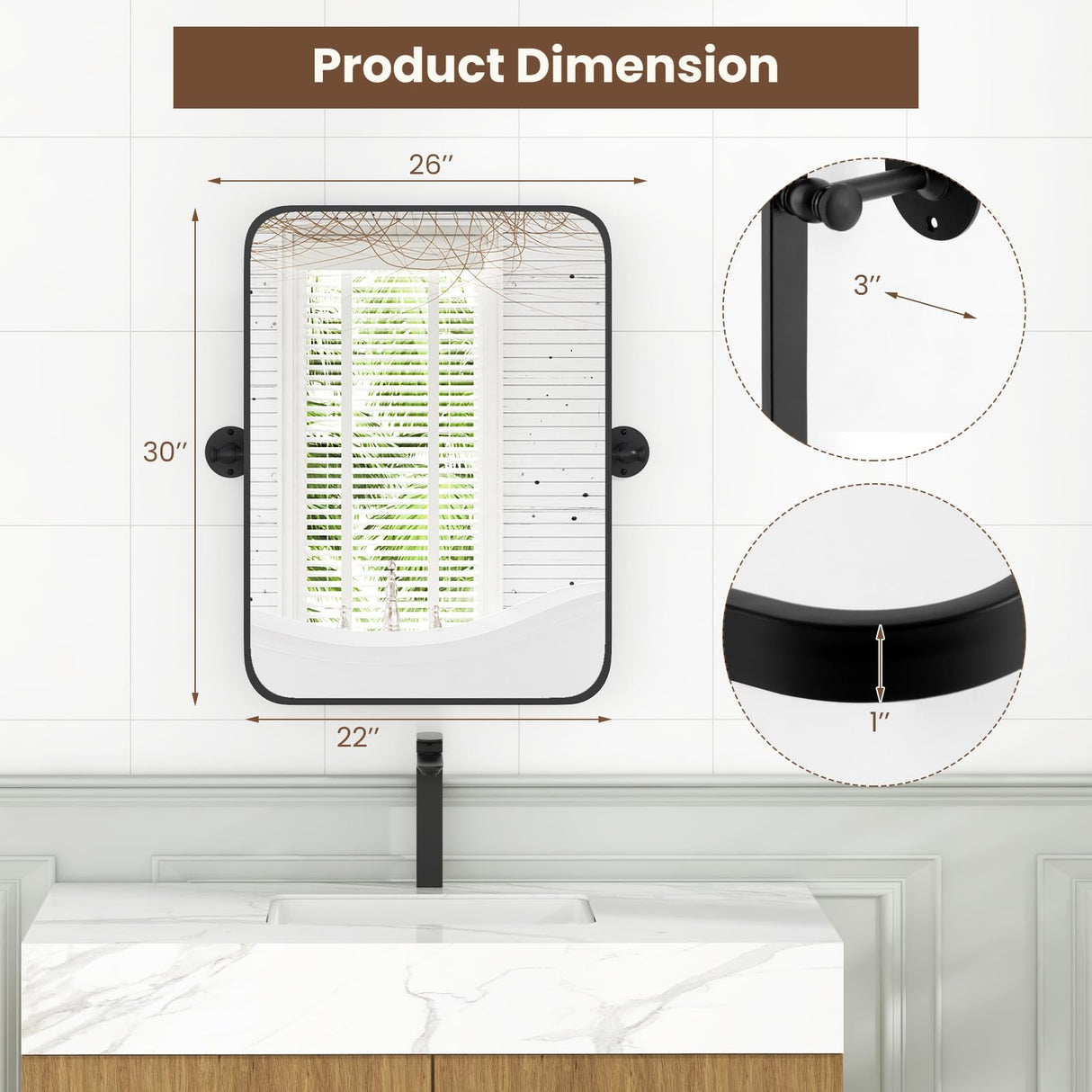 30x22 Pivot Tilting Bathroom Mirror - Black Framed Wall Mounted