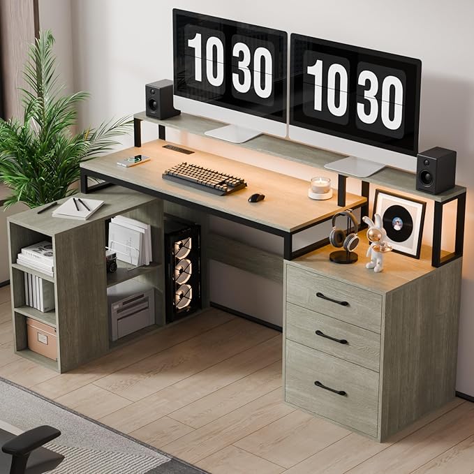 L Shaped Computer Desk with 3 Drawers, 65.7" Large Desk with Power Outlet