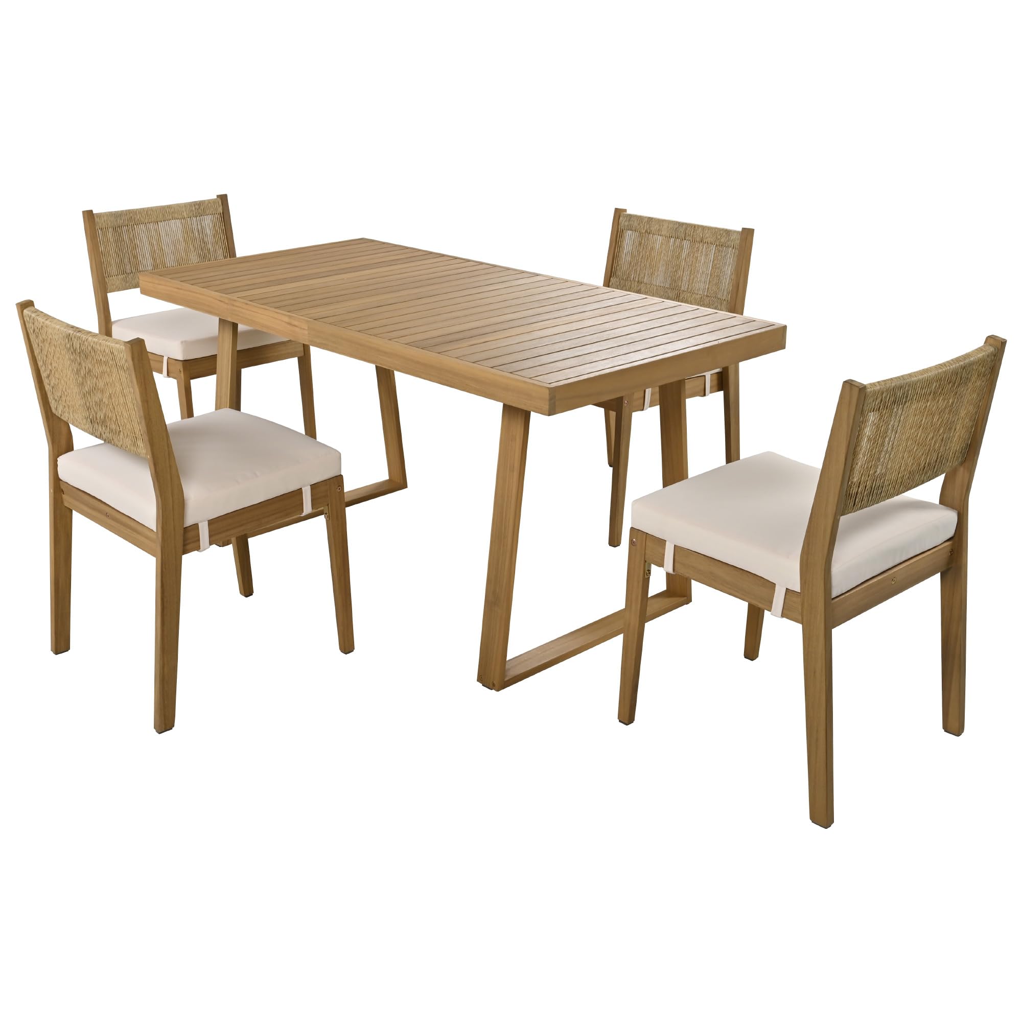 Wood Outdoor Dining Table Set for 4,All Weather Patio Chairs with Soft Cushions and Jute Rope Knitted Back