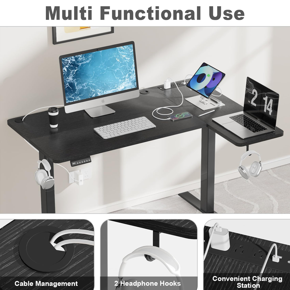 Mr IRONSTONE L Shaped Electric Standing Desk, 47 Inch Height Adjustable Desk with 3 AC Outlets & 2 USB Ports, Corner Adjustable Desk Sit Stand Desk Home Office Computer Desk, Black