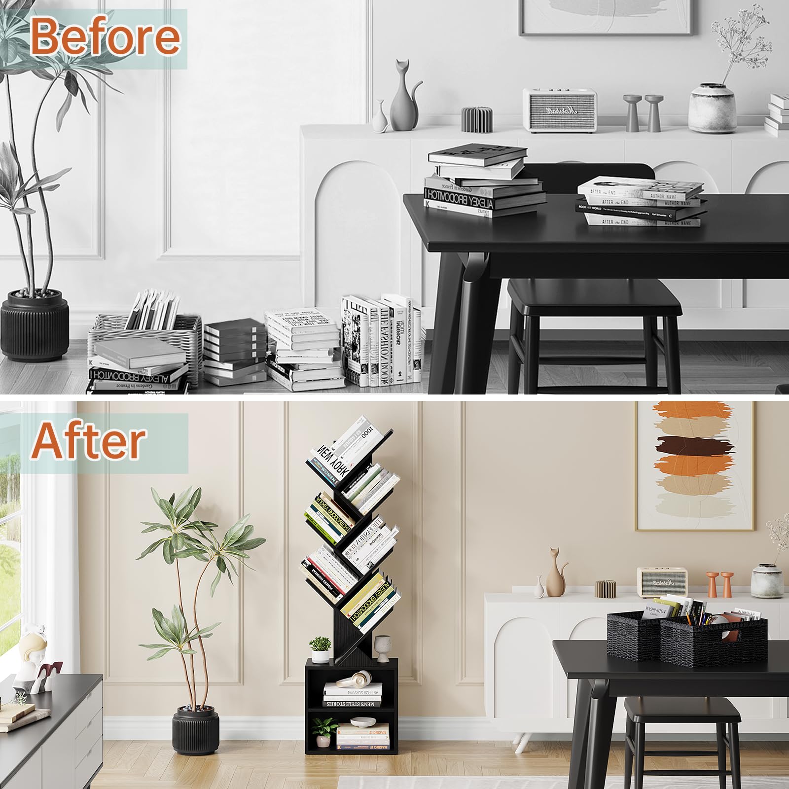Vagusicc 6 Tier Tree Bookshelf, Modern Floor Standing Bookcase with Storage Drawer, Space Saving Storage Organizer Book Shelves for Books, Tall Wood Storage Rack for Bedroom/Living Room/Home Office