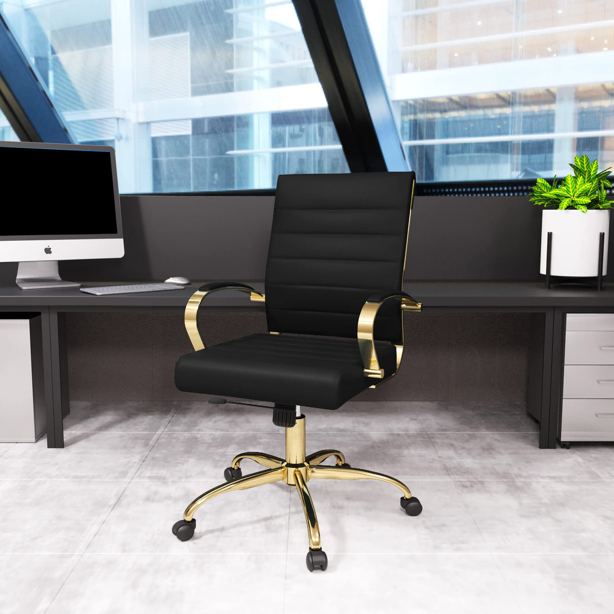 Mid-Back Ergonomic Office Chair with Lumbar Support - Black Leather Gold Frame
