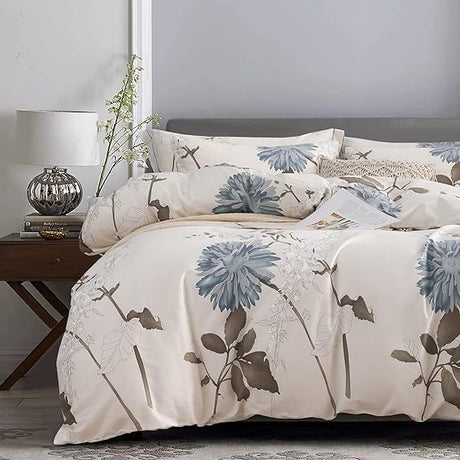 Comforter Queen Size, 600 Thread Count Cotton Blue Floral with Khaki