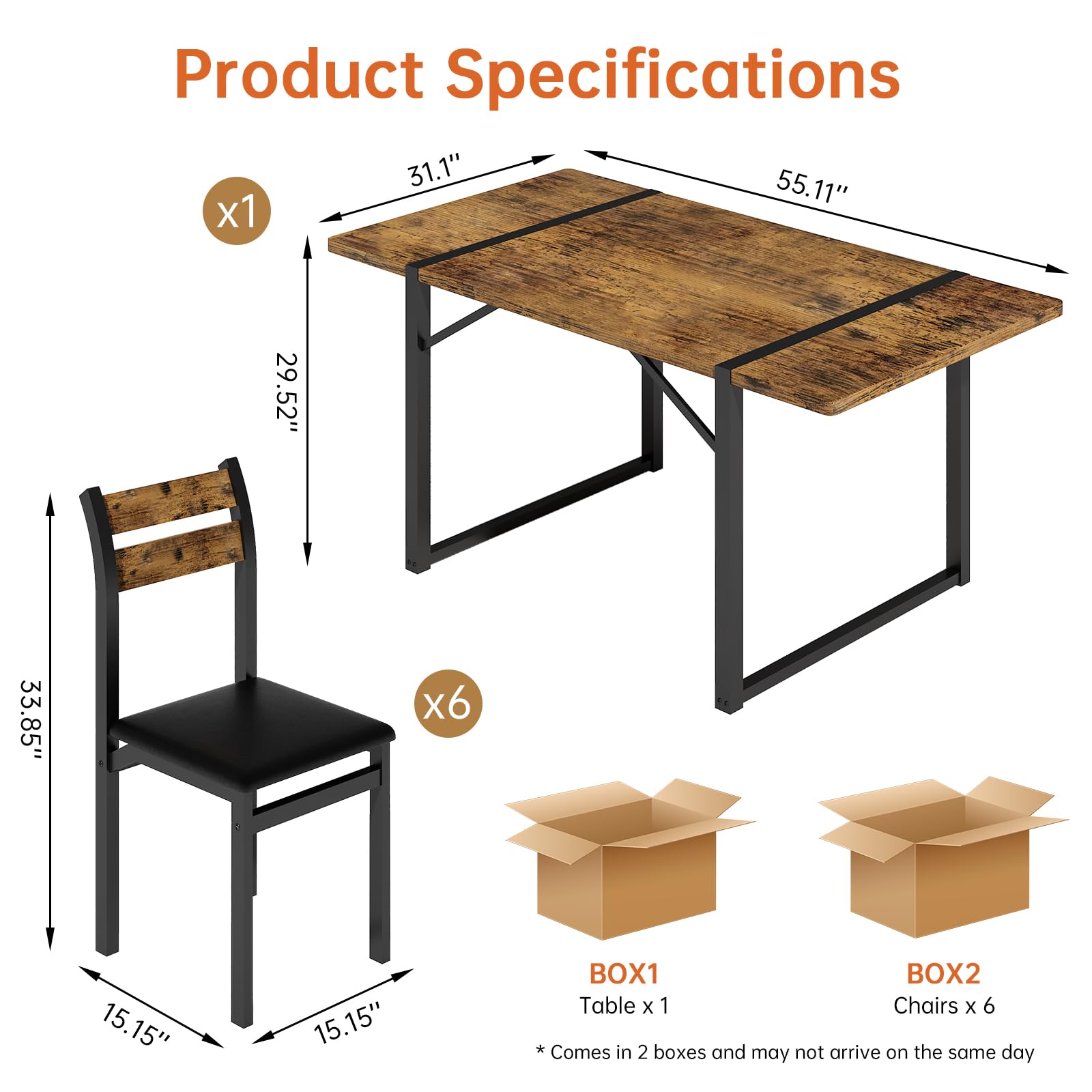 7-Piece Dining Table Set with Upholstered Chairs - 55" Farmhouse Style