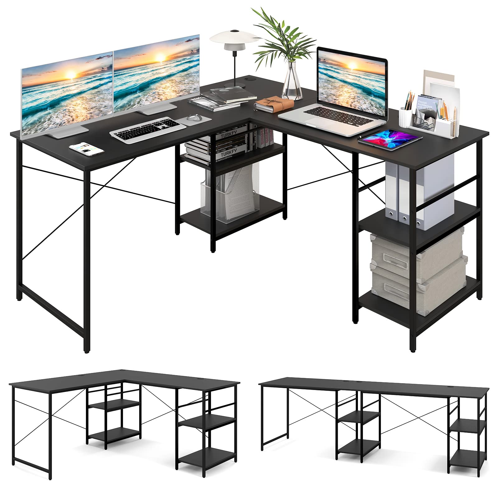 L Shaped Computer Desk, 60" Reversible Corner Desk with 4 Storage Shelves & Cable