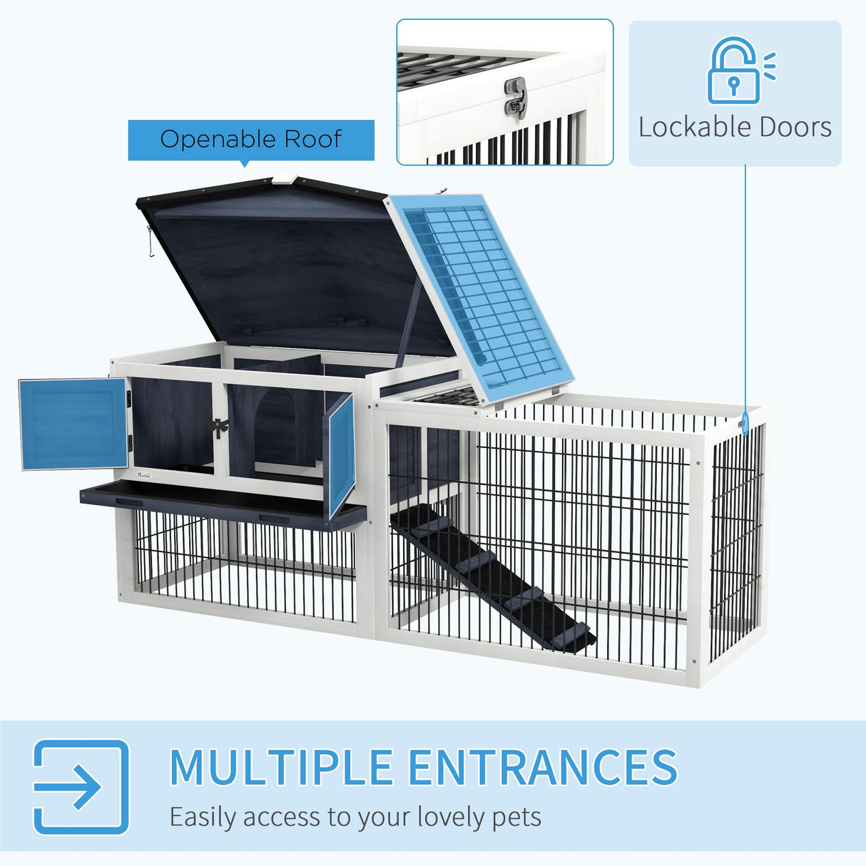 Rabbit Hutch Outdoor, 59" Wooden Bunny Cage with Openable Top, Run, Asphalt Roof