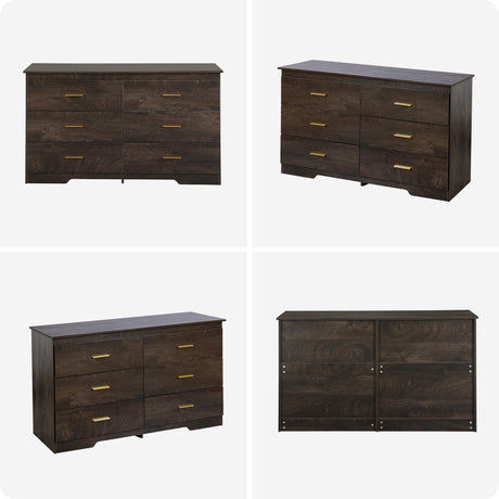 6 Drawer Dresser for Bedroom- Dark Brown Wood Dresser Chest - 47 Inch Wide Double