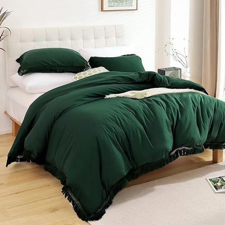 Queen Comforter Set Emerald Green 3Pcs Tassel Boho Bohemian Cute Soft Tufted Microfiber