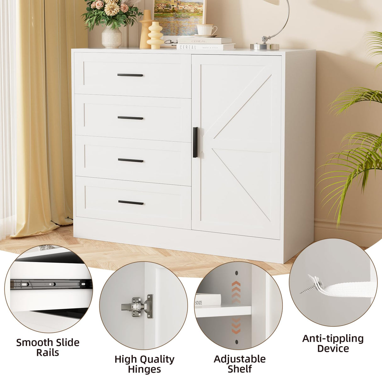 VOWNER 4 Drawer Dresser with Barn Door, Wooden Storage Cabinet with Drawers and Shelves, Modern Chest of Drawers for Bedroom, Living Room, Hallway, White