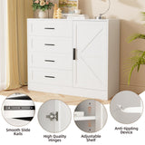 VOWNER 4 Drawer Dresser with Barn Door, Wooden Storage Cabinet with Drawers and Shelves, Modern Chest of Drawers for Bedroom, Living Room, Hallway, White