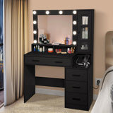 with Mirror and Lights - Black Vanity Table with Power Strip, 4 Drawers and Display Cabinet, 3 Lighting Modes, 39.5'' Bedroom Makeup Desk with Nightstand and Tabletop Shelf