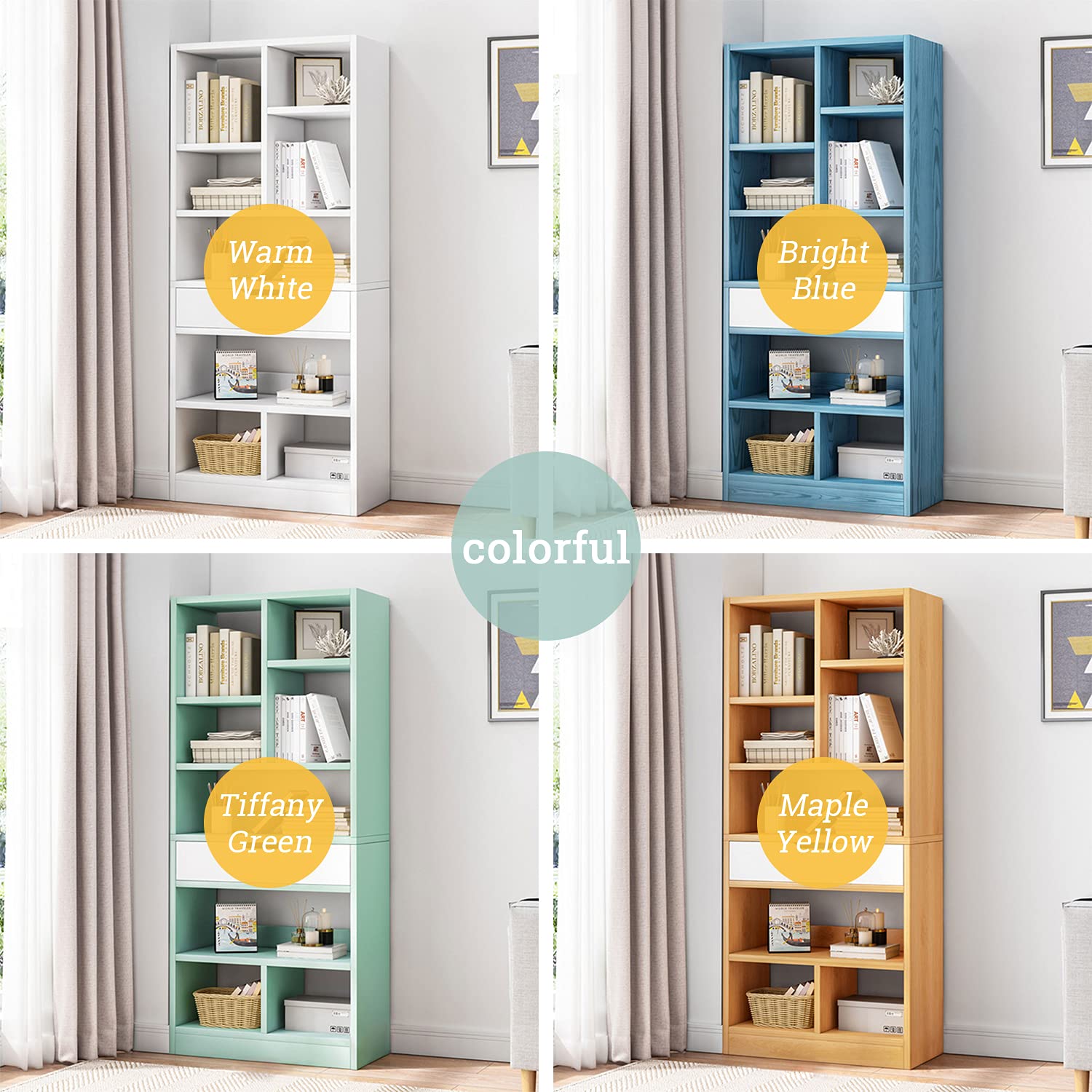 Wooden Open Shelf Bookcase - 61" Height Free Standing Display Storage Cabinet Organizer