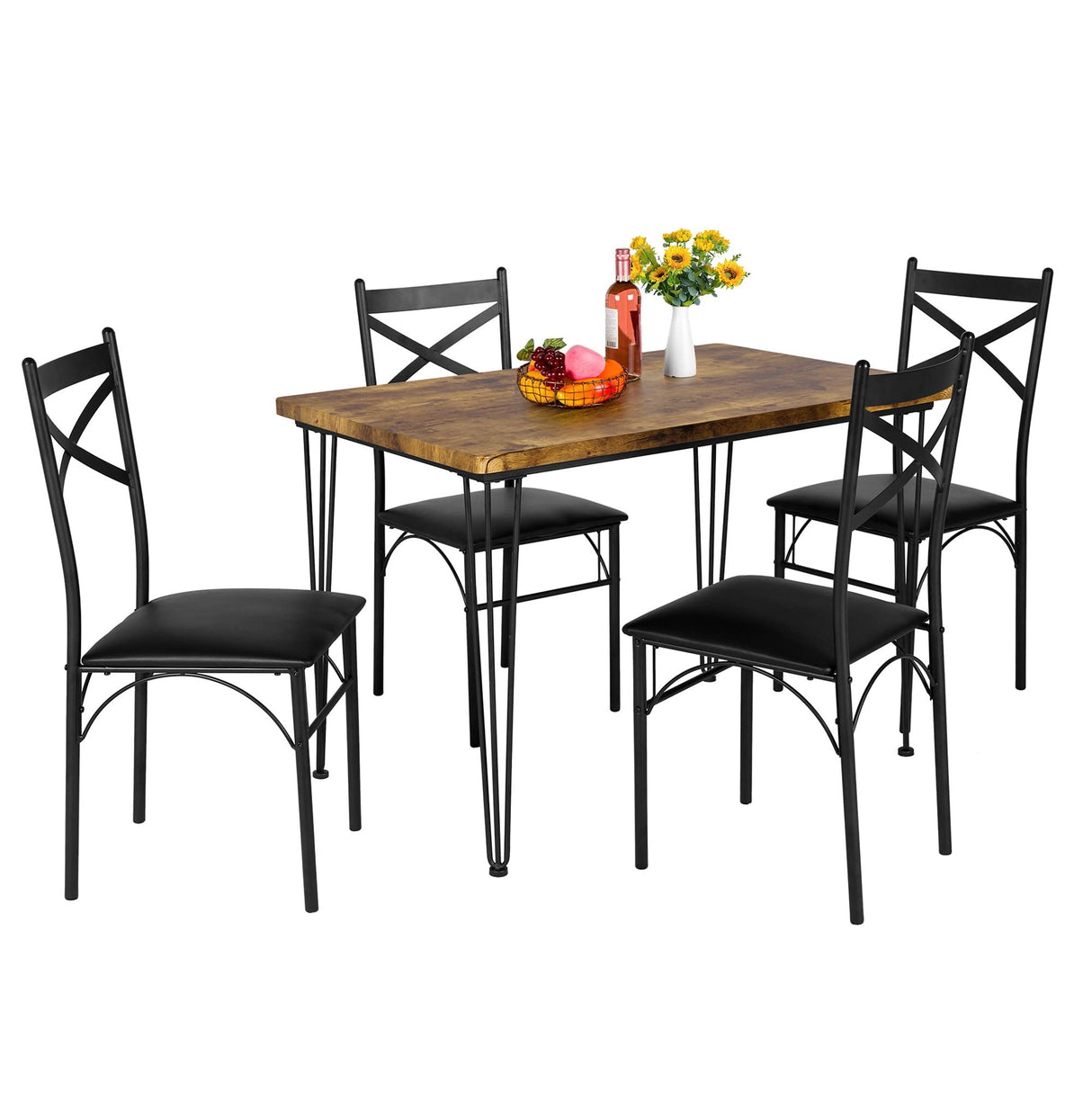 Kitchen Room Table 5-Piece Modern Metal and Wood Rectangular Breakfast Dinette