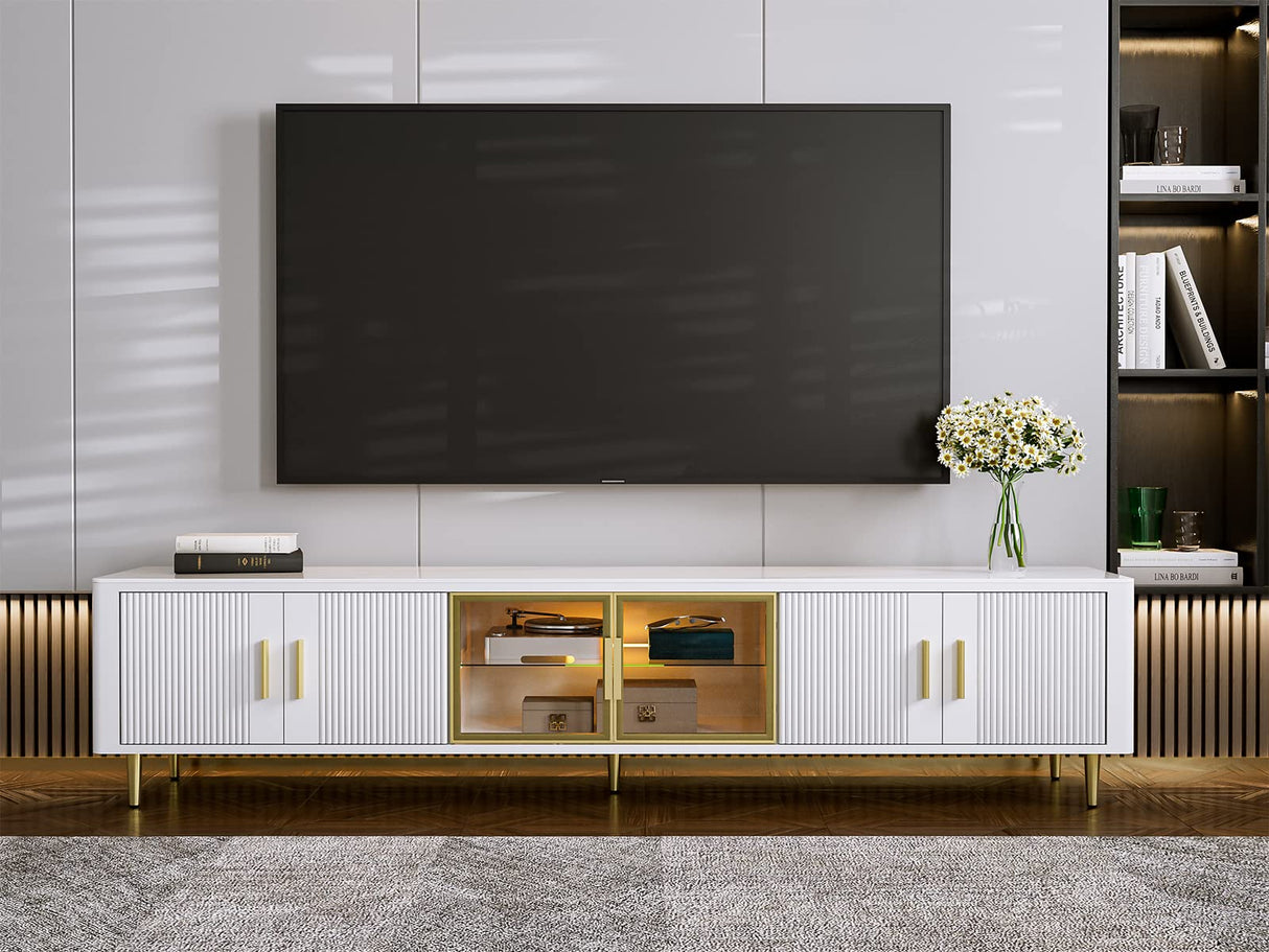 Modern TV Stand for 85+ inch TV, White LED Slate Entertainment Center